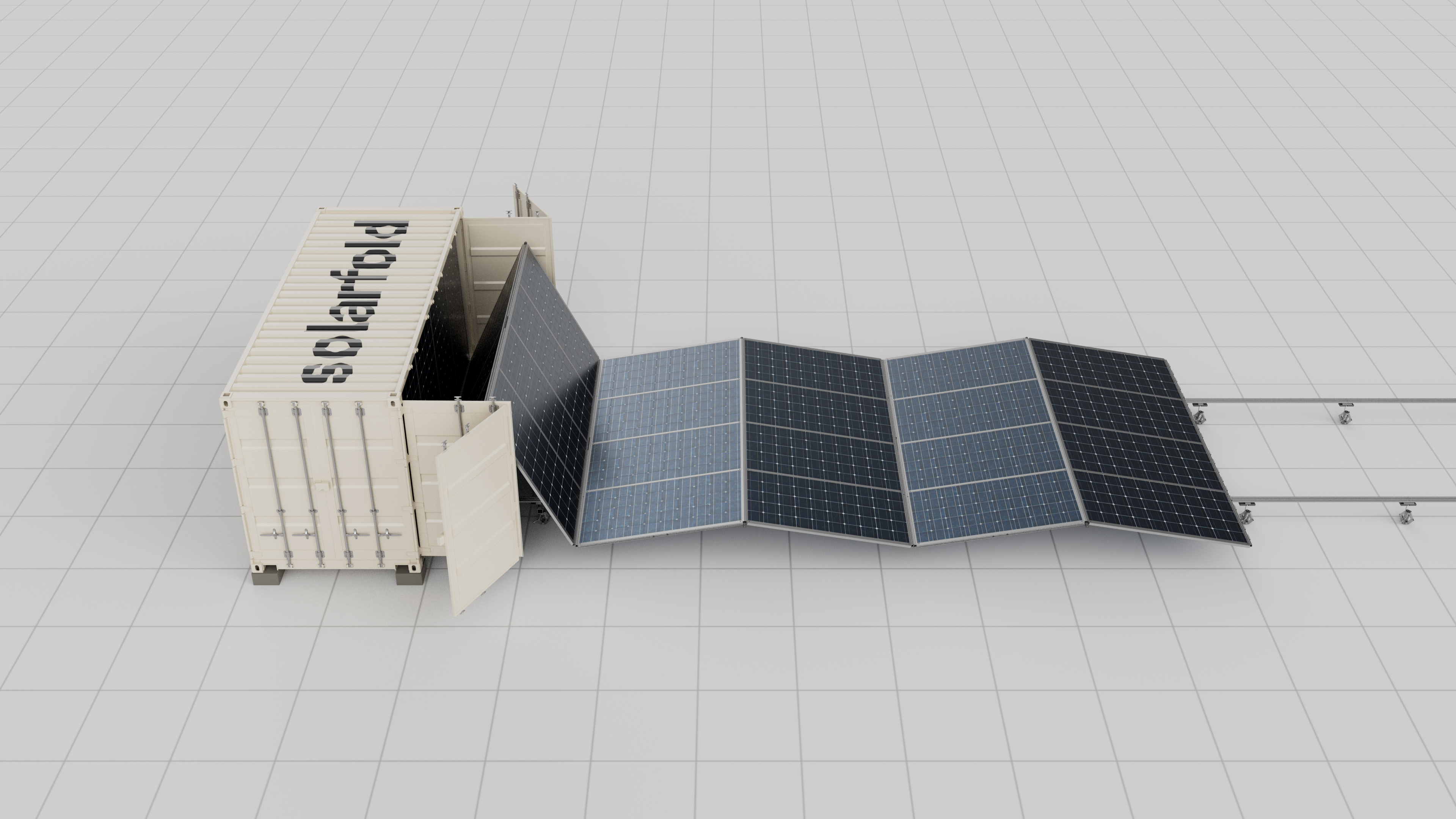SolarFold container unfolding showing 123m length, 108 earth anchor pieces, 13.5 tons weight, and 20 High Cube container specs