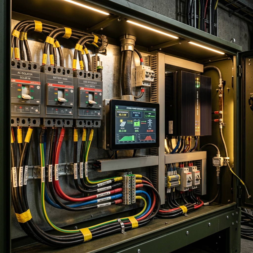 Rugged industrial power infrastructure: heavy-duty breakers, copper cabling, and digital monitoring interface