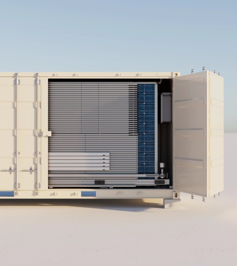 x-SolarFold 130 kWp redeployable PV container — half-open view showing fold-out array and deployment hardware