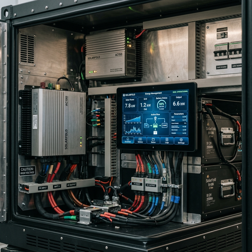 Detailed interior of the SolarFold hybrid power core featuring industrial EMS controls and battery storage