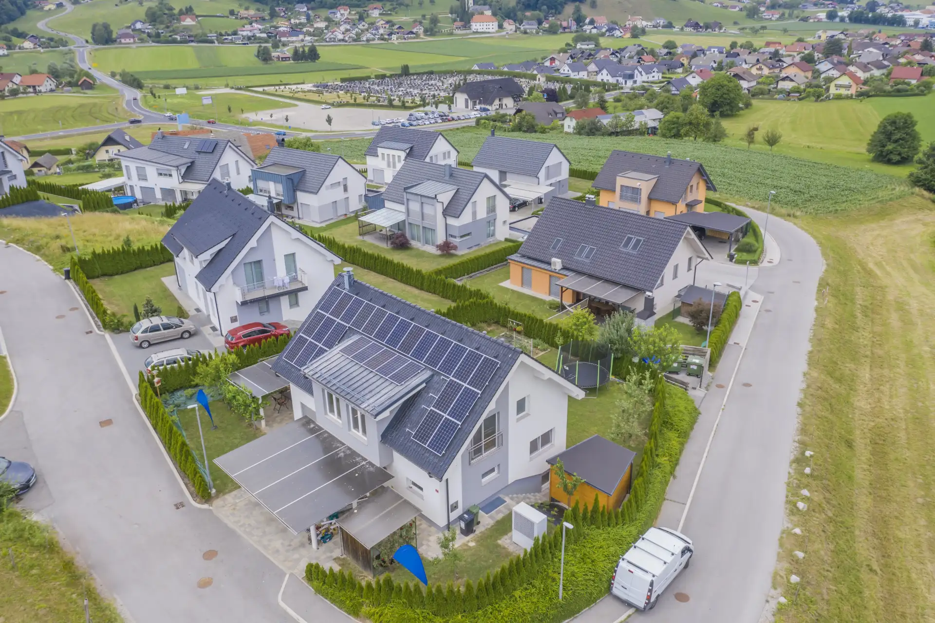 Modern residential home with solar panels on roof